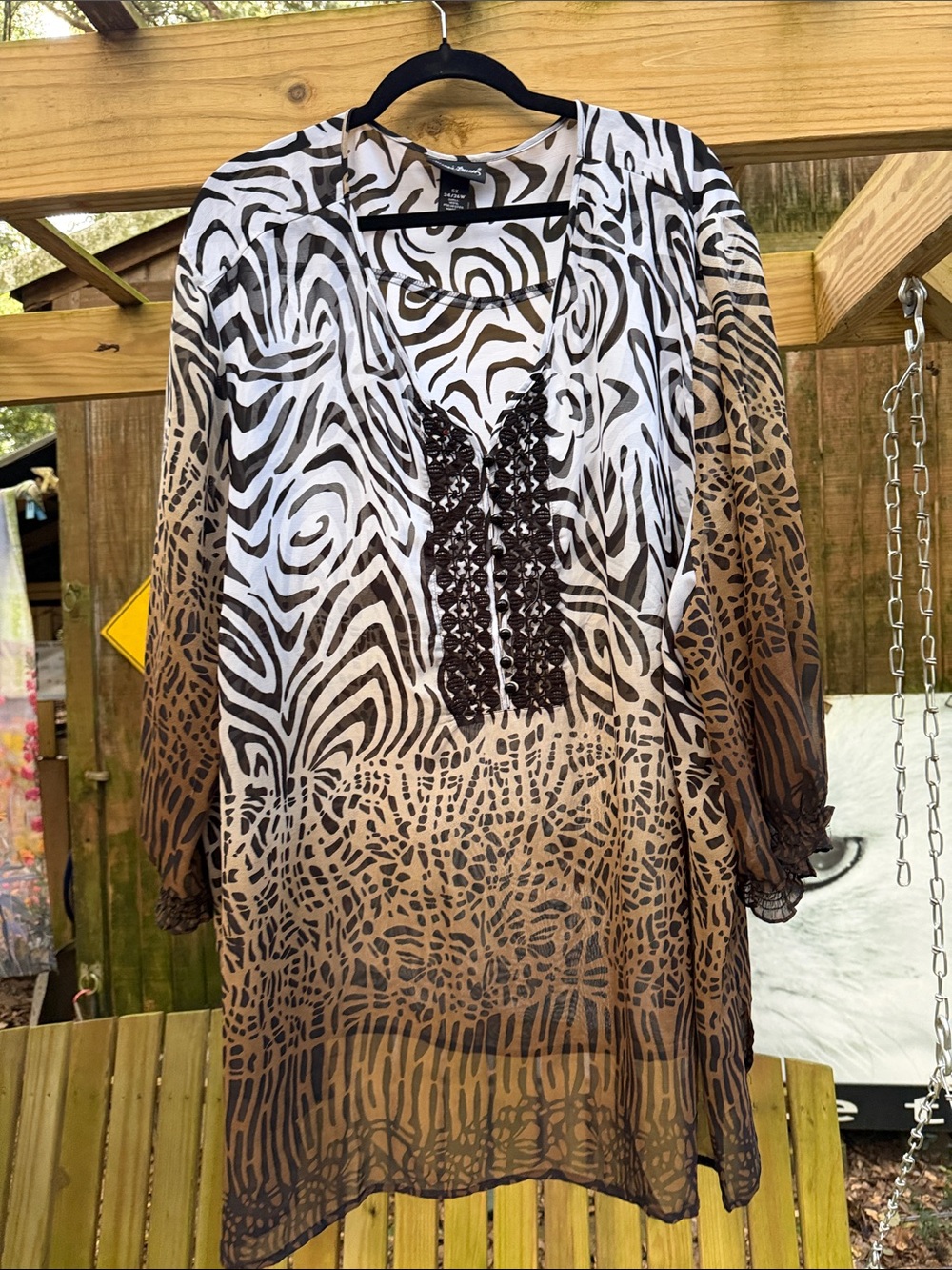 Animal Print V-Neck Sheer Blouse - Brown/Black Maggie Barnes 5X  button accent